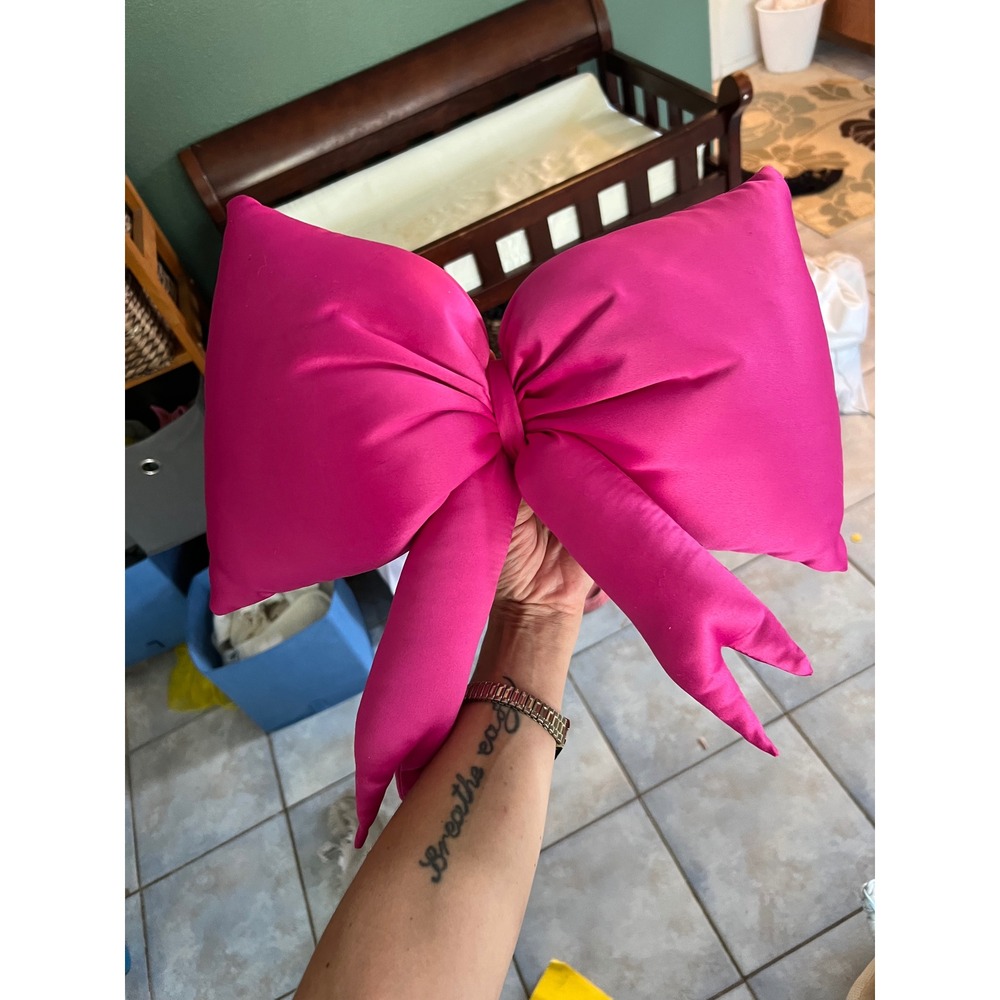 Hot Pink Satin Bow Decorative Throw Pillow Fuchsia Accent Plush Cushion